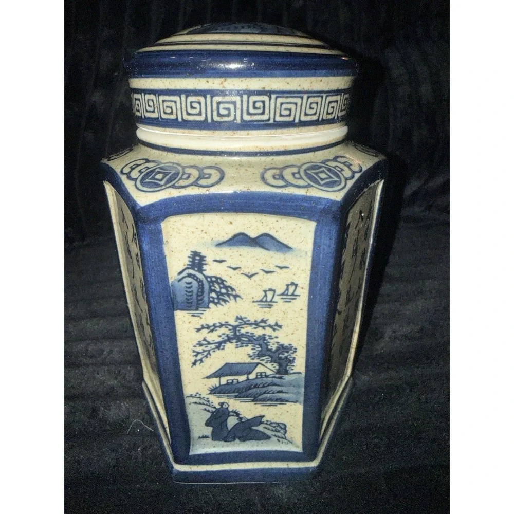 Blue & Gray Hexagonal Shape Chinese Tea Caddy With Chinese‎ Landscapes & Symbols